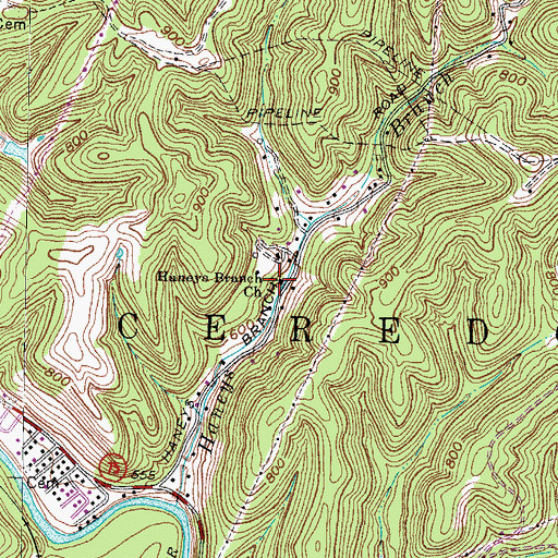 Topographic Map of Haneys Branch Church, WV