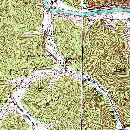 Topographic Map of Harts High School (historical), WV