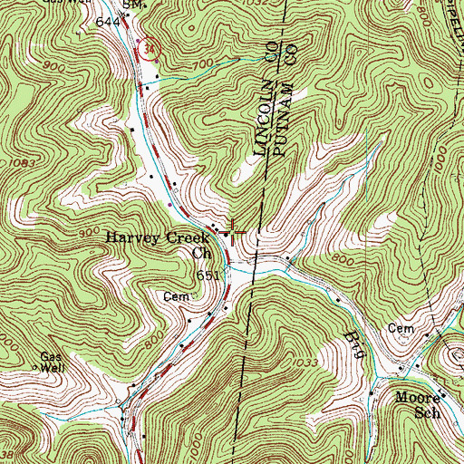 Topographic Map of Harvey Creek Church, WV