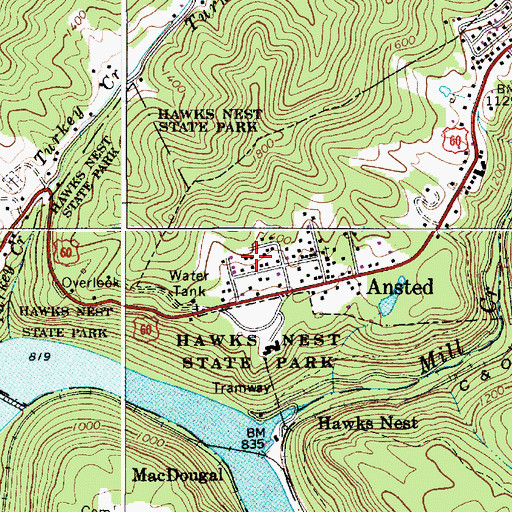 Topographic Map of Hawks Nest State Park, WV