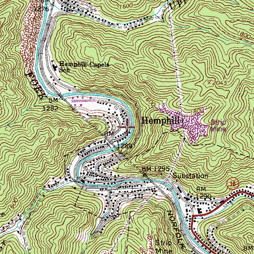 Topographic Map of Hemphill, WV