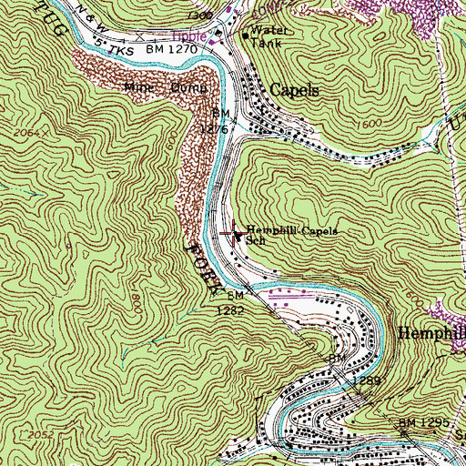 Topographic Map of Hemphill-Capels School (historical), WV