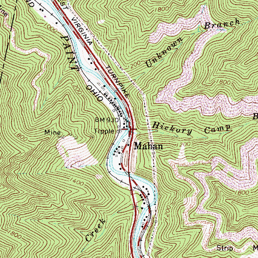 Topographic Map of Hickory Camp Branch, WV