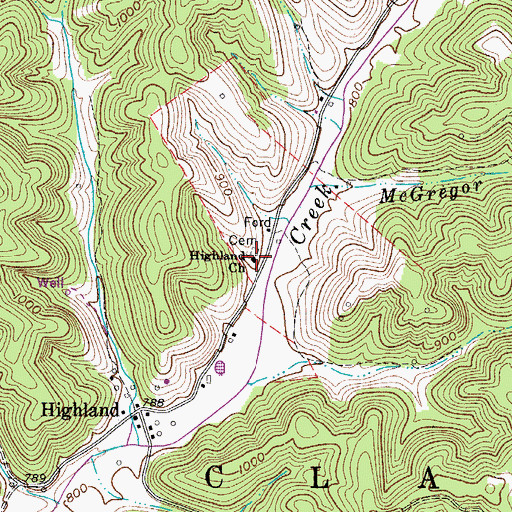 Topographic Map of Highland Church, WV
