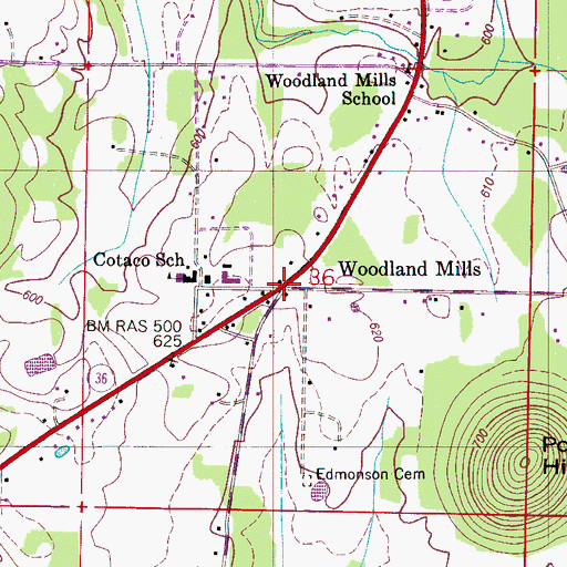 Topographic Map of Woodland Mills, AL