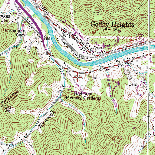 Topographic Map of Highland Memory Gardens, WV