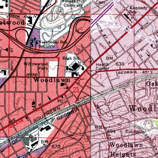 Topographic Map of Woodlawn, AL