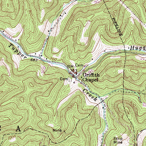 Topographic Map of Huggard Branch, WV