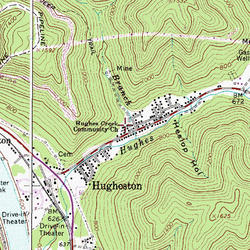 Topographic Map of Hughes Creek Community Church, WV