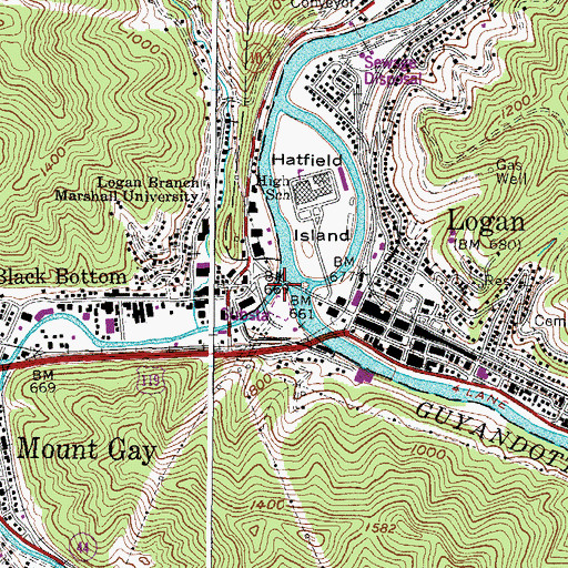 Topographic Map of Island Creek, WV