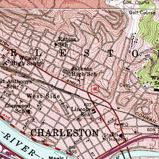 Topographic Map of Jackson High School (historical), WV