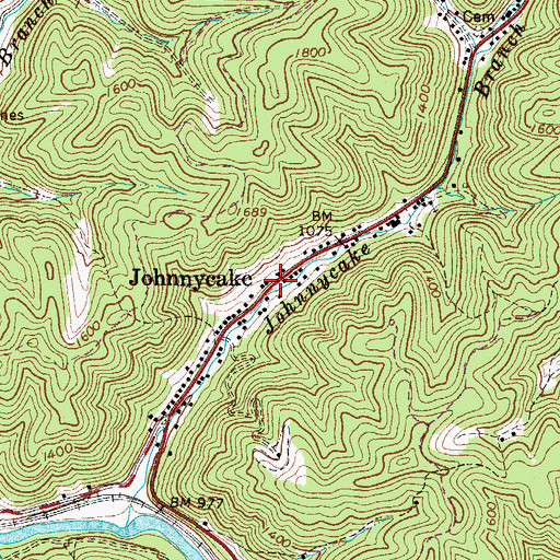 Topographic Map of Johnnycake, WV