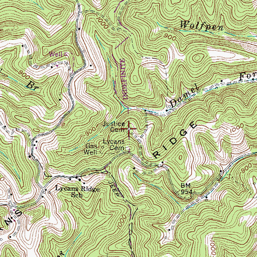 Topographic Map of Justice Cemetery, WV