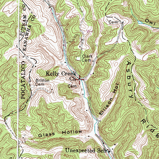 Topographic Map of Kelly Creek Church, WV