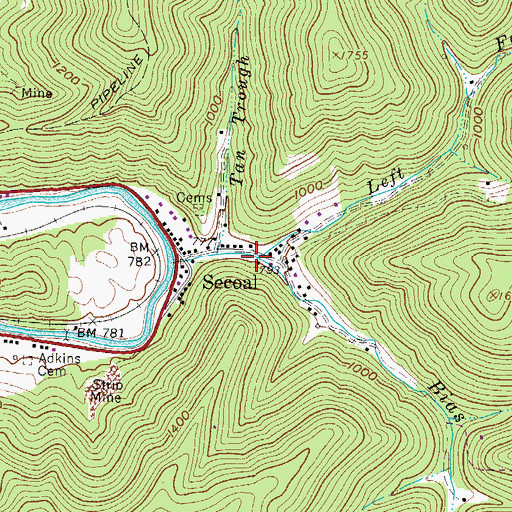 Topographic Map of Left Fork Bias Branch, WV