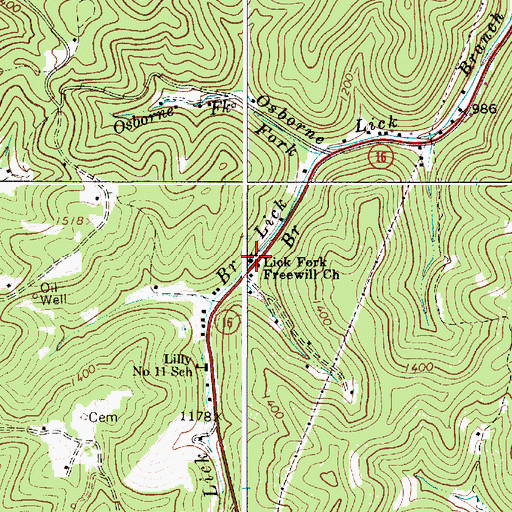 Topographic Map of Lick Fork Freewill Church, WV