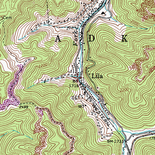 Topographic Map of Lila, WV
