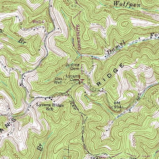 Topographic Map of Lycans Cemetery, WV