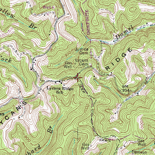 Topographic Map of Lycans Ridge, WV