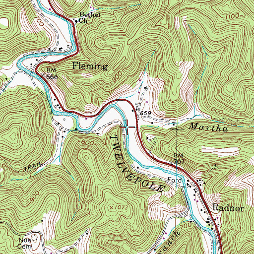 Topographic Map of Martha Noe Branch, WV