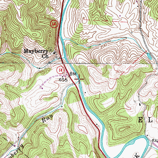 Topographic Map of Mayberry Run, WV
