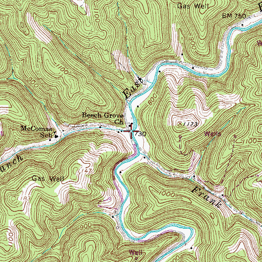 Topographic Map of McComas Branch, WV