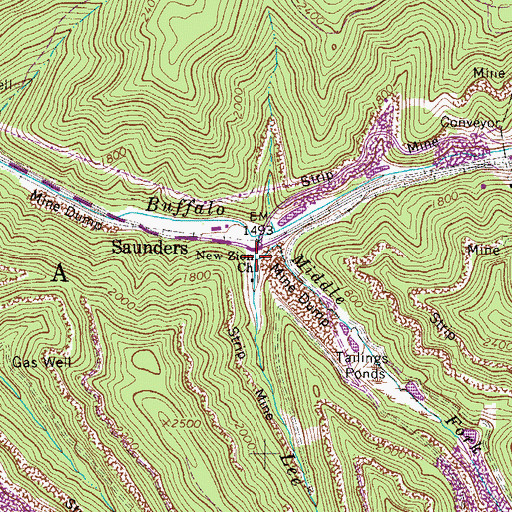 Topographic Map of Middle Fork Buffalo Creek, WV