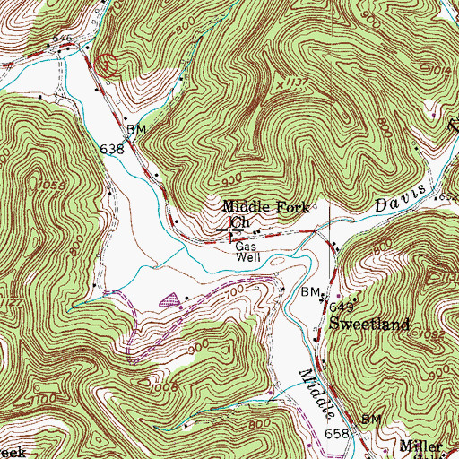 Topographic Map of Middle Fork Church, WV