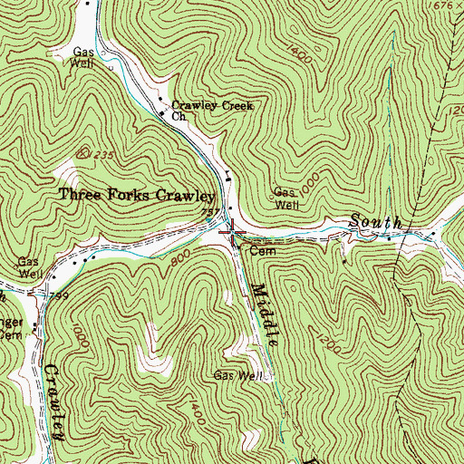 Topographic Map of Middle Fork Crawley Creek, WV
