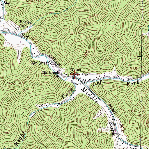 Topographic Map of Middle Fork Elk Creek, WV