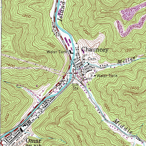 Topographic Map of Middle Fork Island Creek, WV