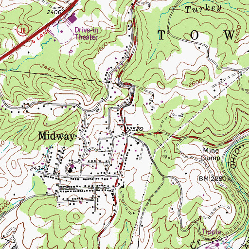 Topographic Map of Midway, WV