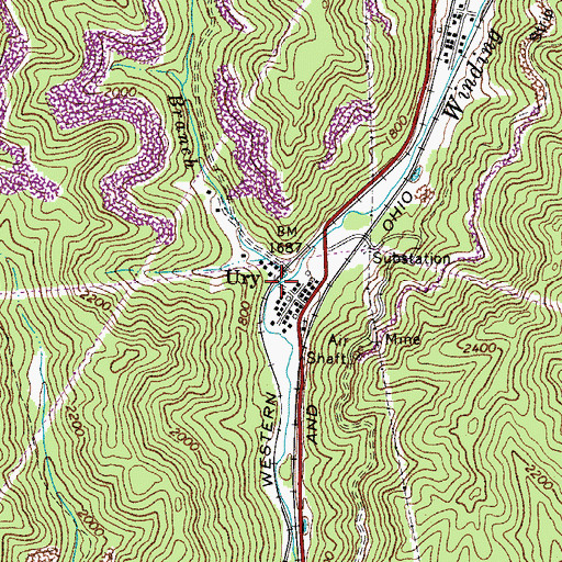 Topographic Map of Mill Branch, WV