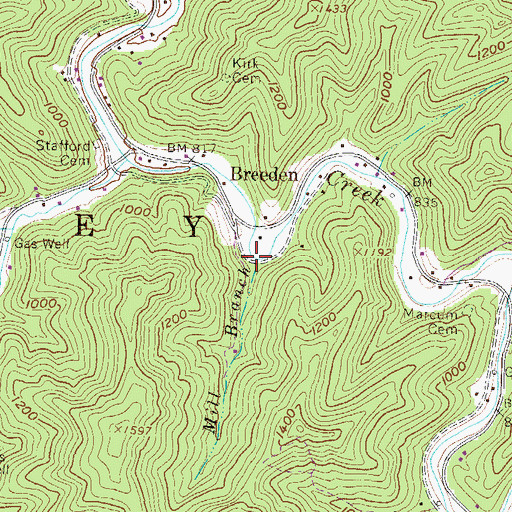 Topographic Map of Mill Branch, WV