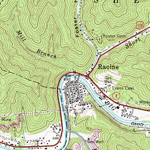 Topographic Map of Mill Branch, WV