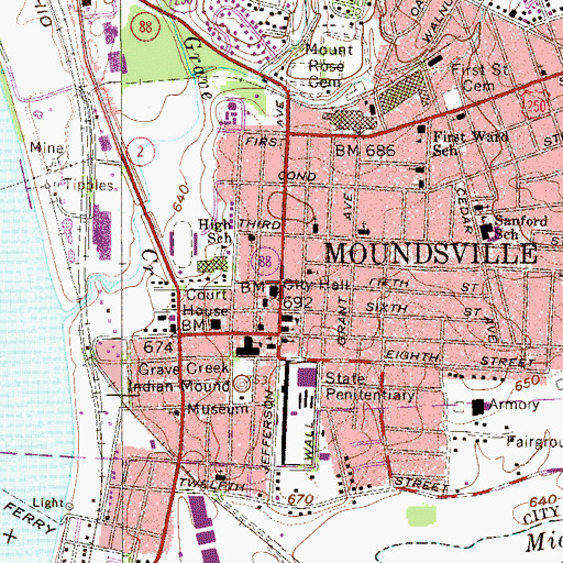 Topographic Map of Moundsville, WV