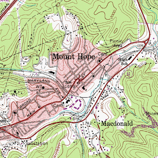 Topographic Map of Mount Hope, WV