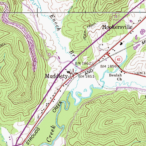 Topographic Map of Muddlety, WV