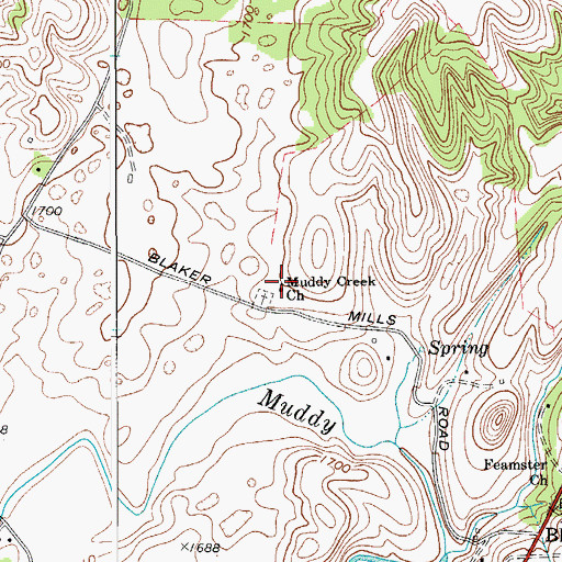 Topographic Map of Muddy Creek Church, WV