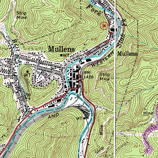 Topographic Map of Mullens, WV