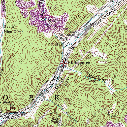 Topographic Map of Mullens Branch, WV