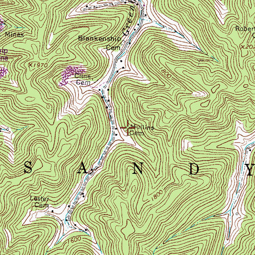 Topographic Map of Mullins Cemetery, WV