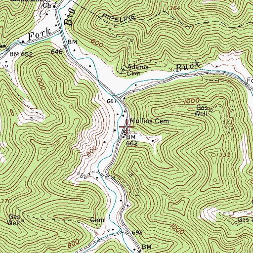 Topographic Map of Mullins Cemetery, WV
