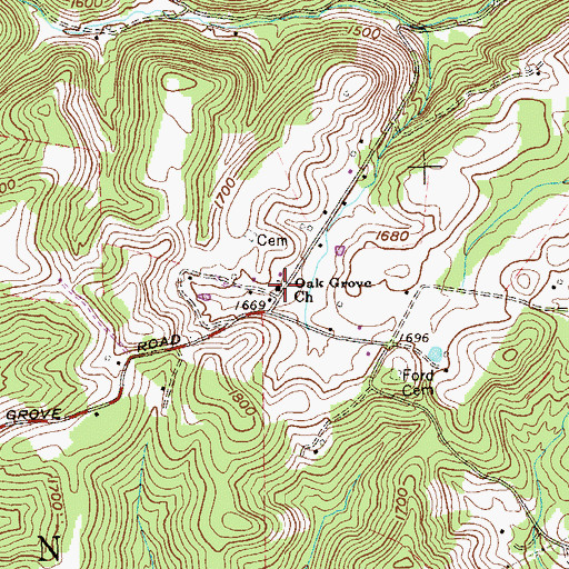 Topographic Map of Oak Grove Church, WV