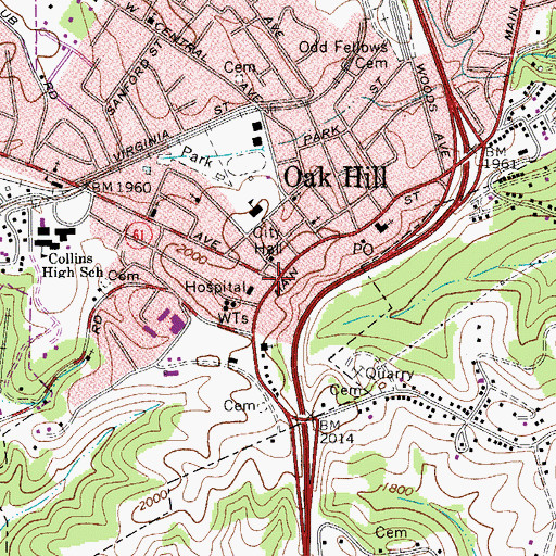 Topographic Map of Oak Hill, WV