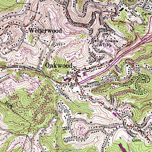 Topographic Map of Oakwood, WV