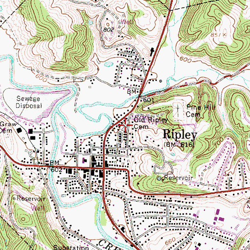 Topographic Map of Old Ripley Cemetery, WV