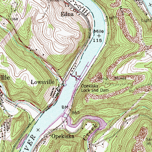 Topographic Map of Opekiska Lock and Dam, WV