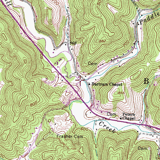 Topographic Map of Paddle Creek, WV