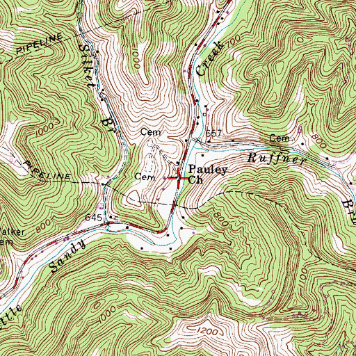 Topographic Map of Pauley Church, WV